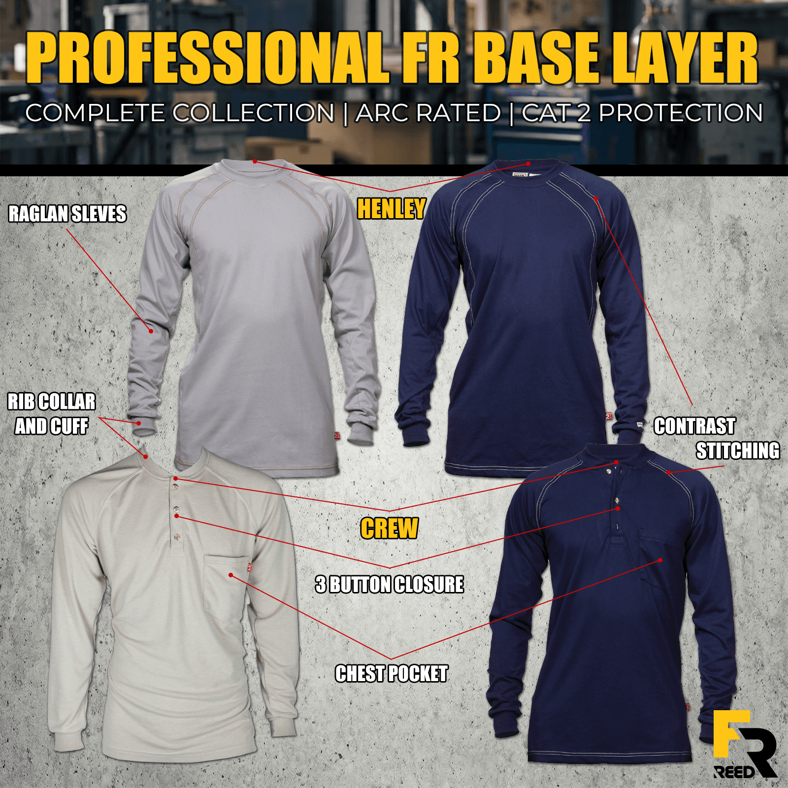 FR Flame Resistant Henley Cotton Jersey and Crew Cotton Jersey Work Shirts REED